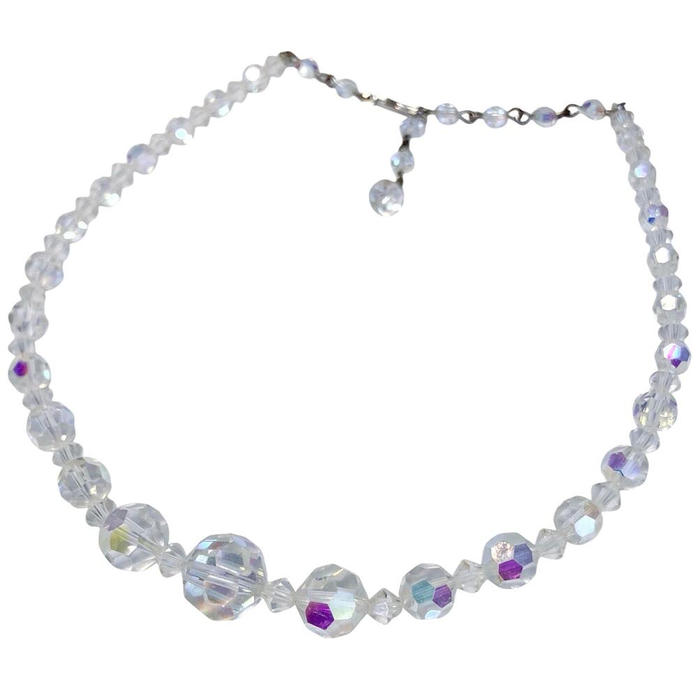 Vintage Mid Century Graduated Aurora Borealis Glass Bead 16" Choker Necklace